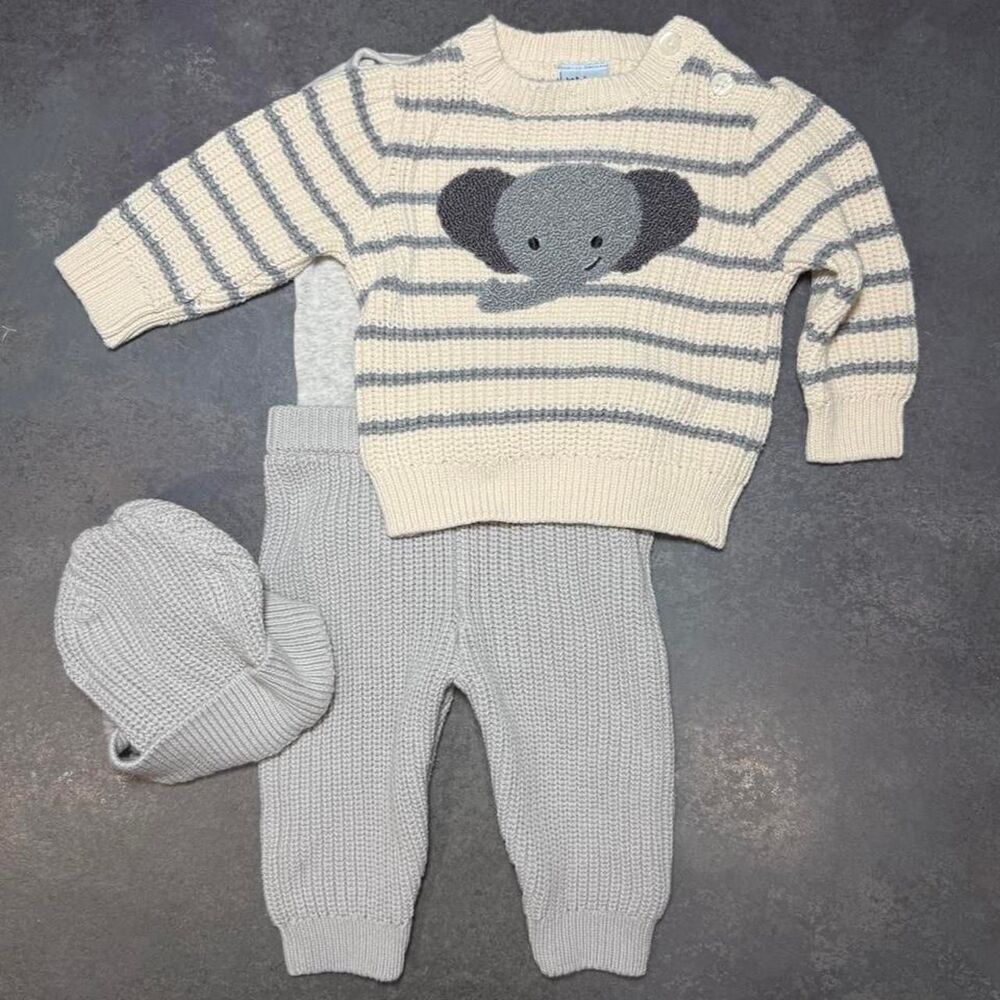 Little Lad Knit Elephant Sweater Set Gray Pants Beanie Gerber Bodysuit 0-3M
